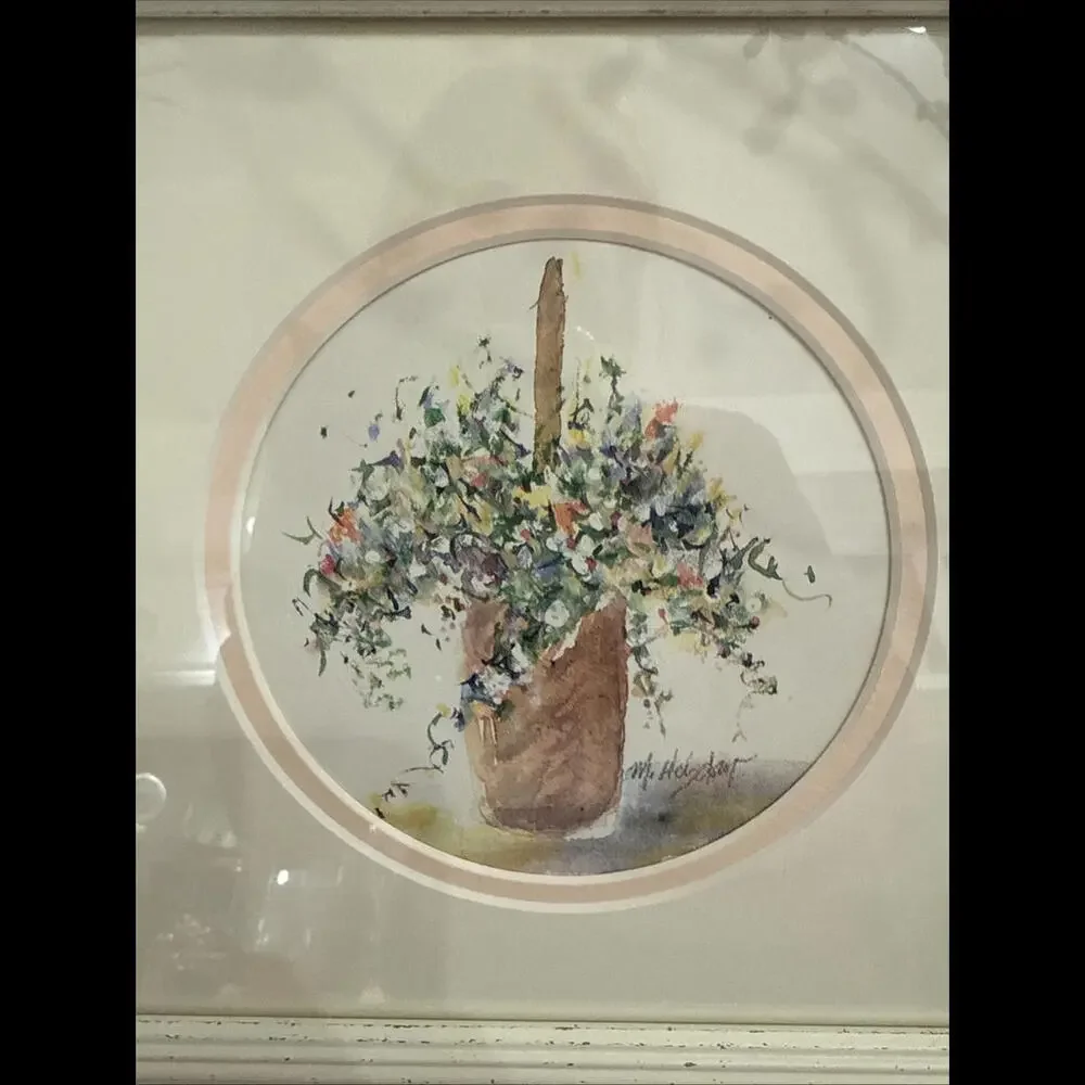 VTG Watercolor Print Signed Framed - Marilyn Hobday COA Floral Basket Co… - Picture 2 of 6